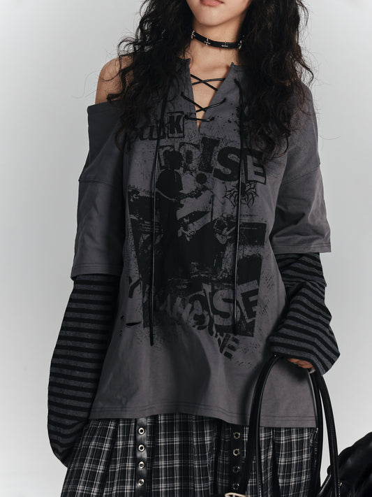 Fake Layered Drawstring V-Neck Long Sleeve T-Shirt NA9235