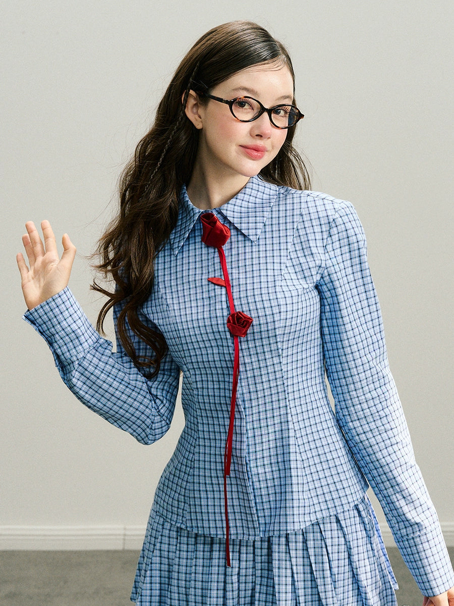 Handmade Rose Plaid Long Sleeve Shirt & Short Pleated Skirt Setup NA5945