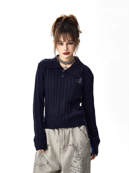 Polo Collar Long Sleeve Knit Sweater NA2954