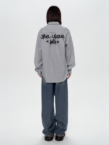 Blue White Stripe Oversize College Long Sleeve Shirt NA8879