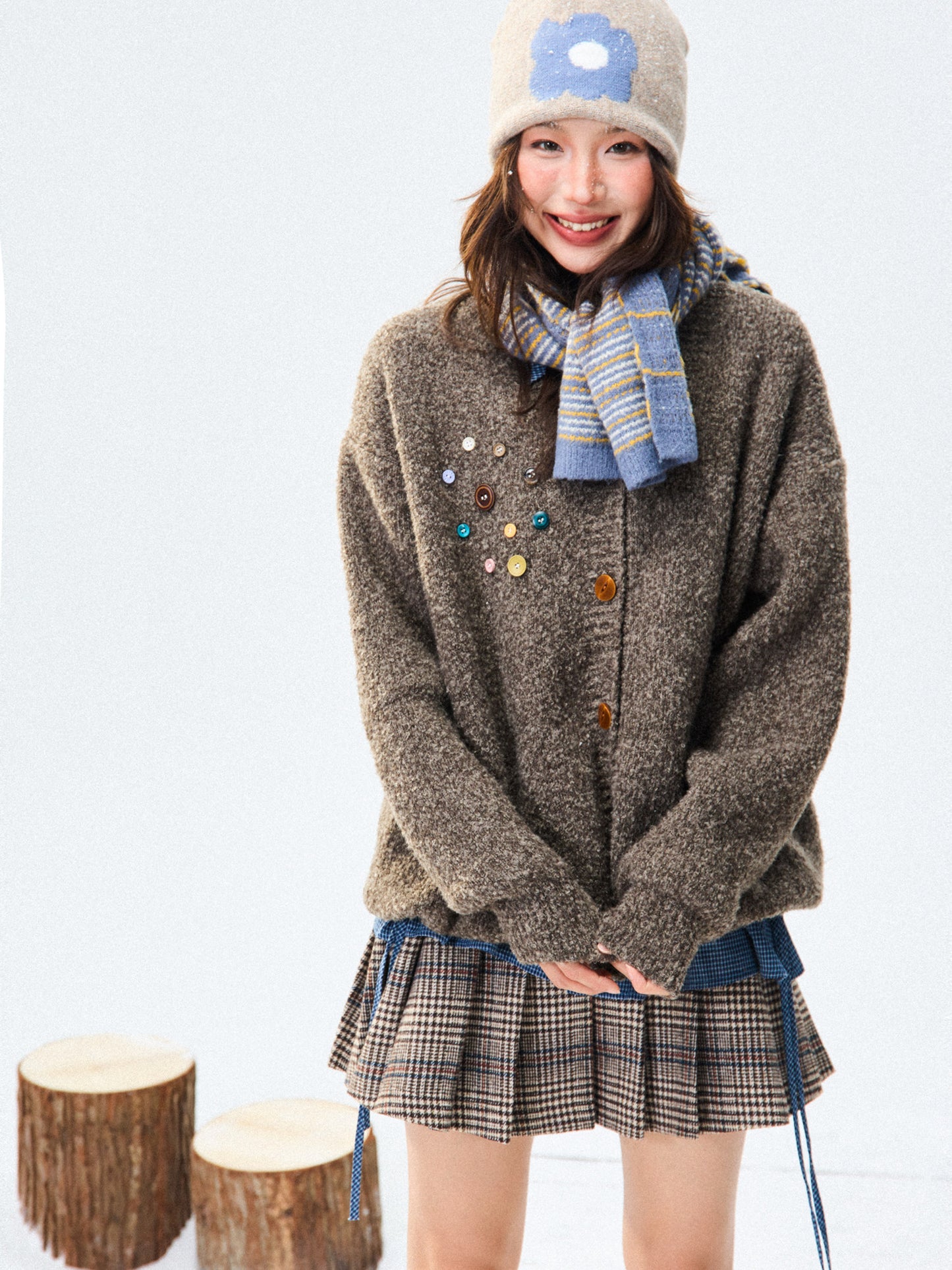 Crew Neck Button-Up Knit Cardigan NA9390