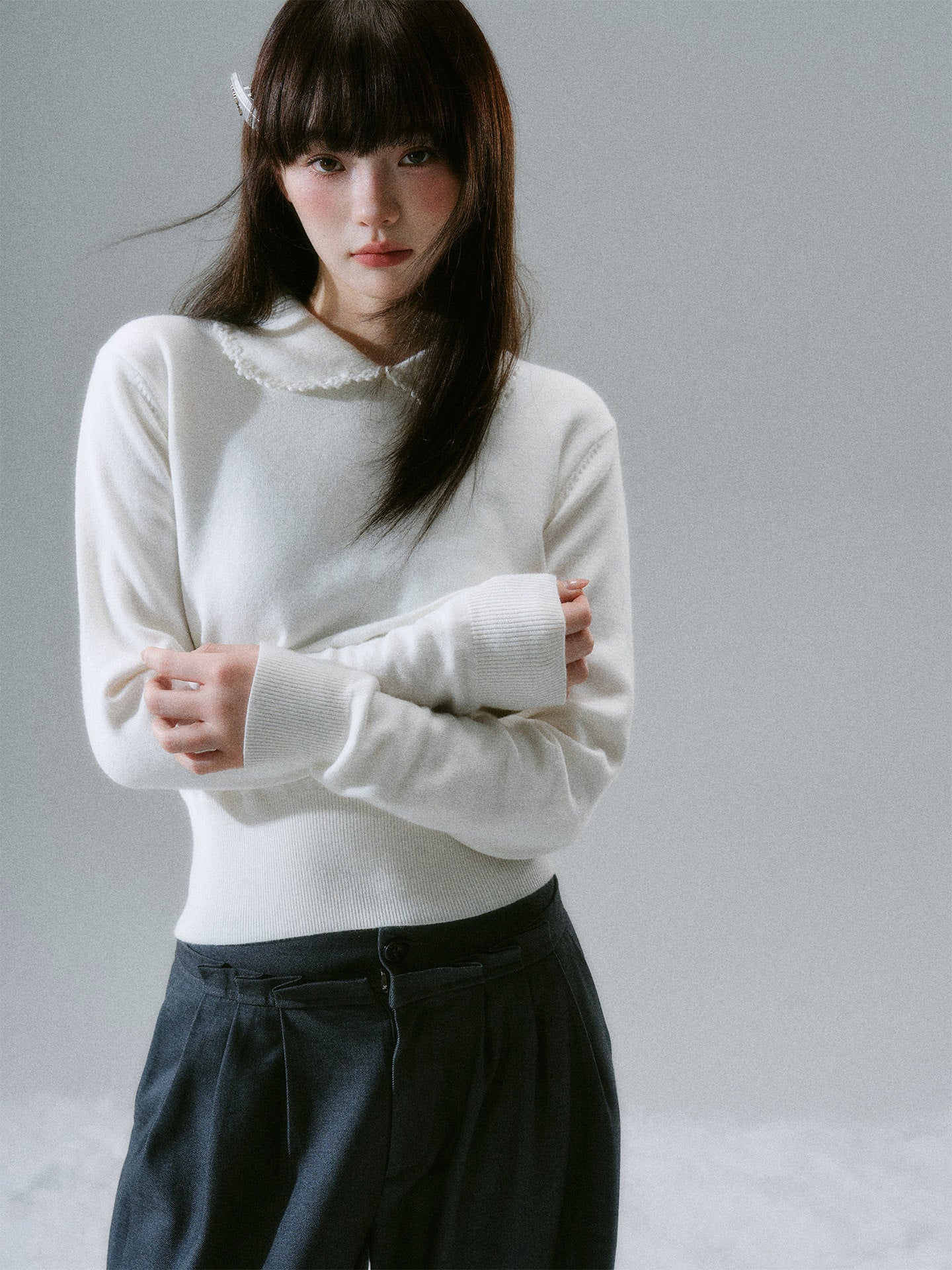 Handmade Crochet Crew Neck Slimming Polo Knit Sweater NA8785