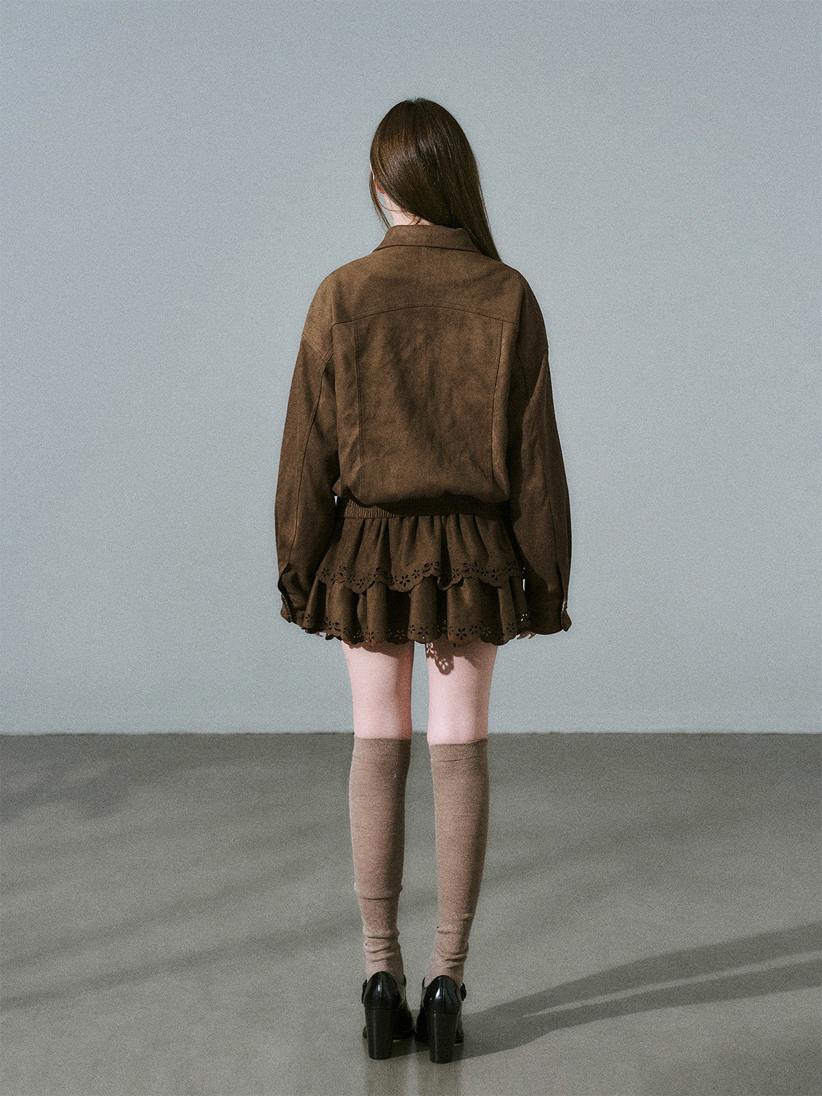 Suede Zipper Jacket & Scalloped Skirt Setup NA8854