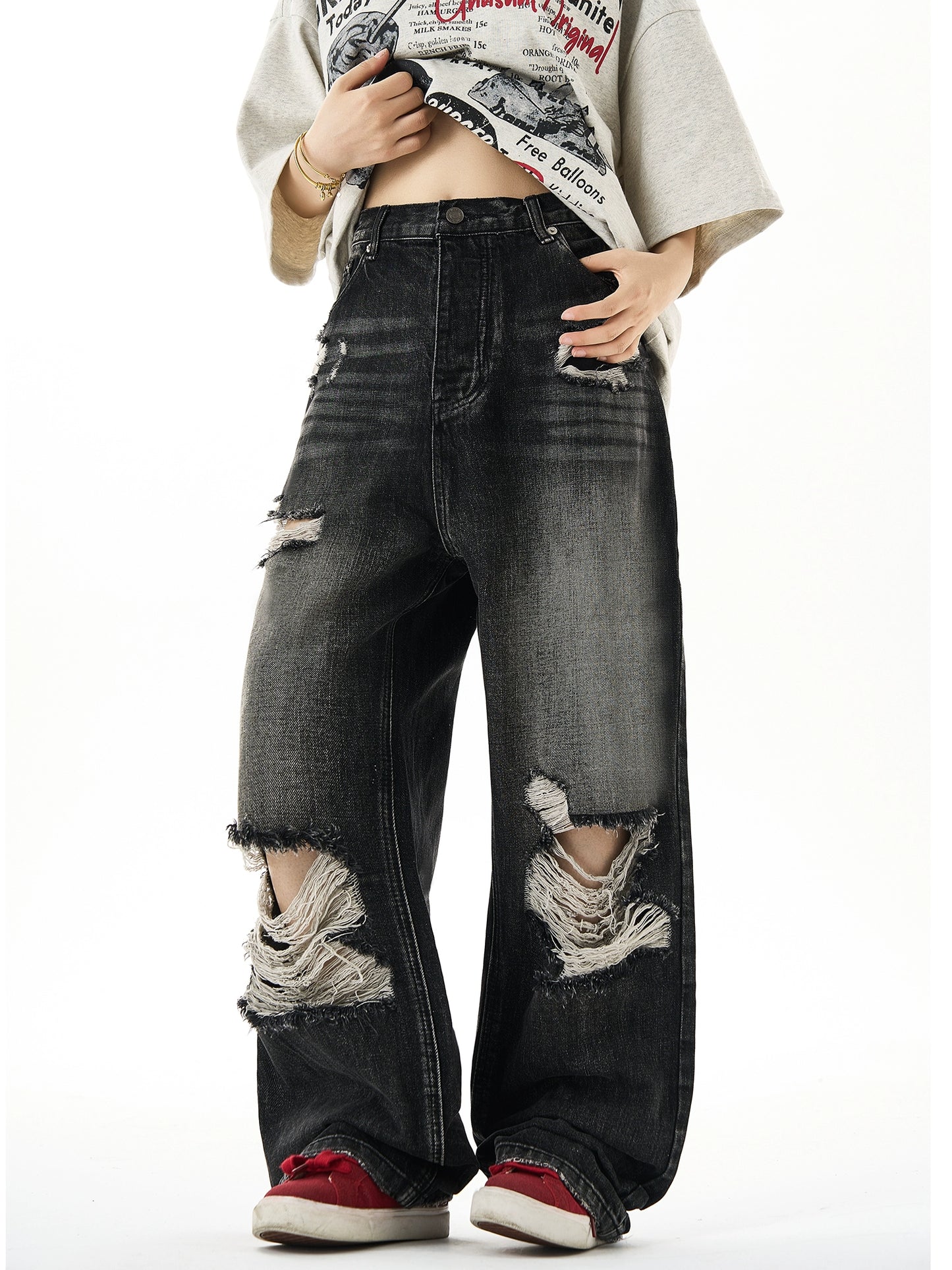 Wide-Leg Straight Damaged Denim Jeans NA3075