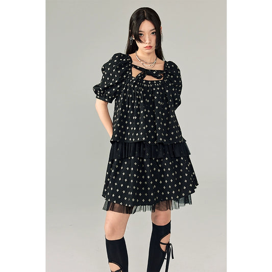 Polka Dot Pattern Lace Splicing Short Sleeve Shirt & Short Skirt Setup NA5409