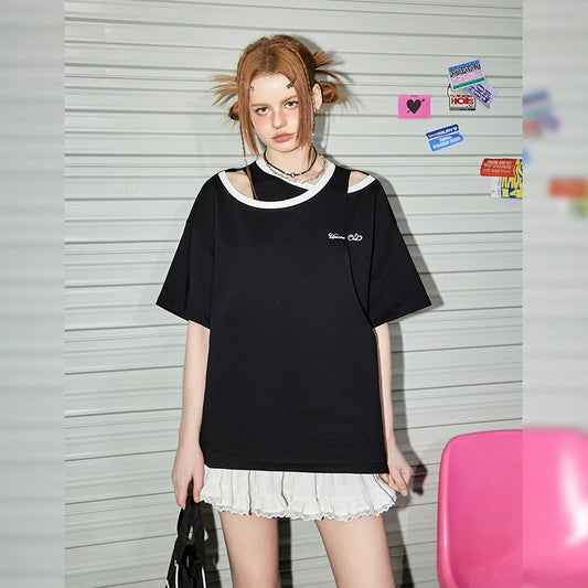 Irregular Hanging Neck Short Sleeve T-shirt NA3209