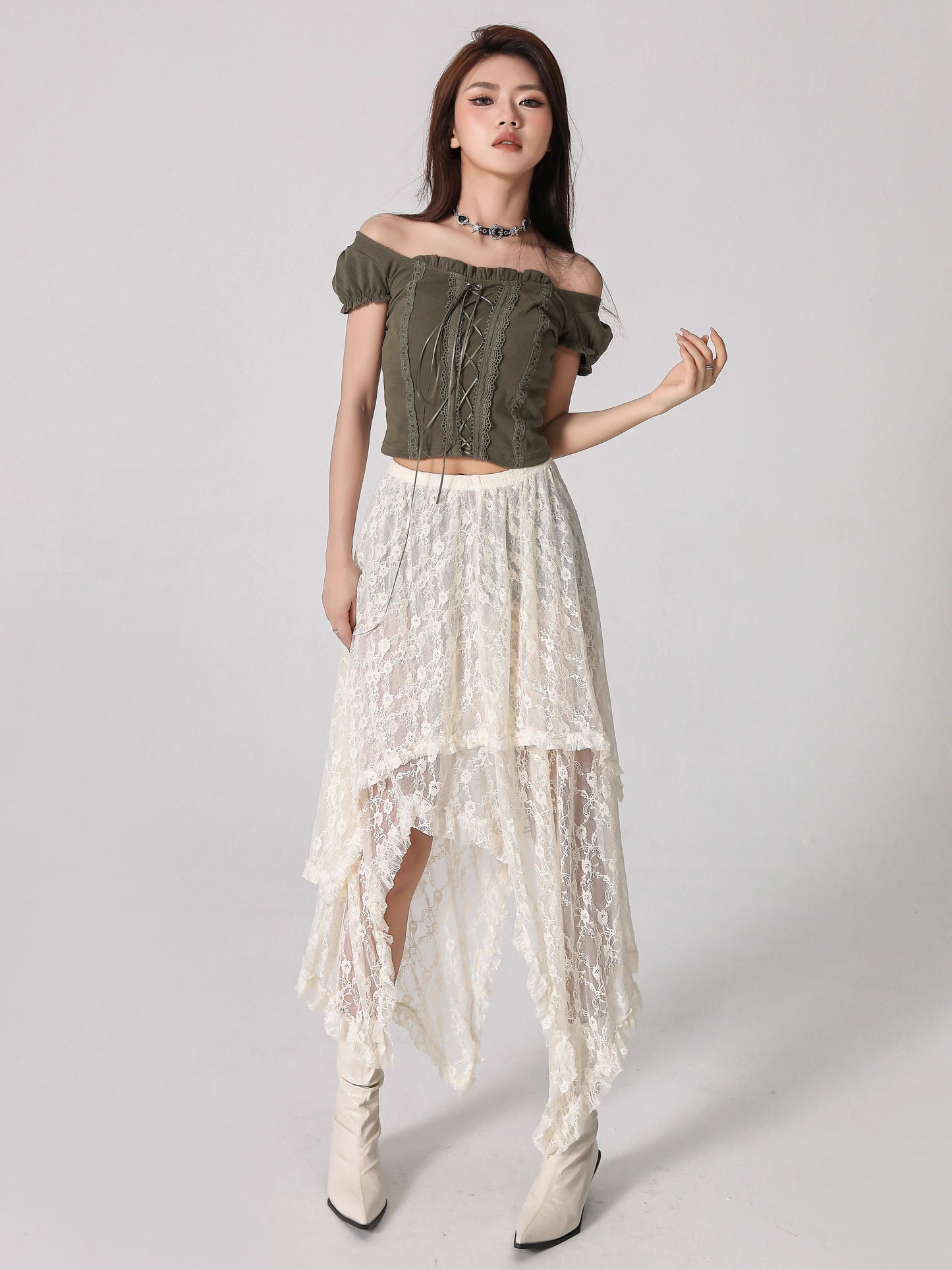 Lace Spliced Mid Length A-line Skirt NA4639