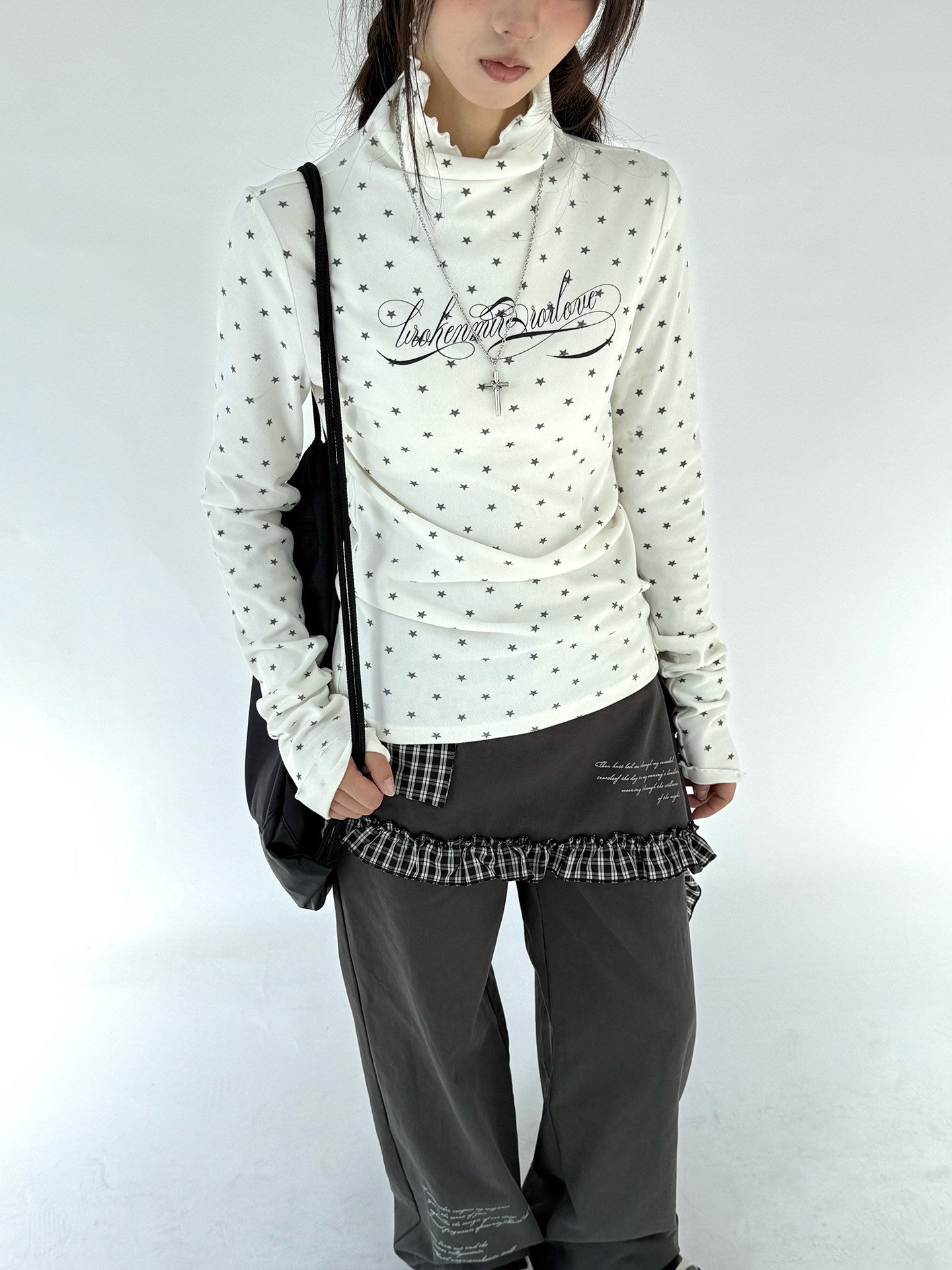 Polka Dot Print High-Neck Long Sleeve T-Shirt NA9255
