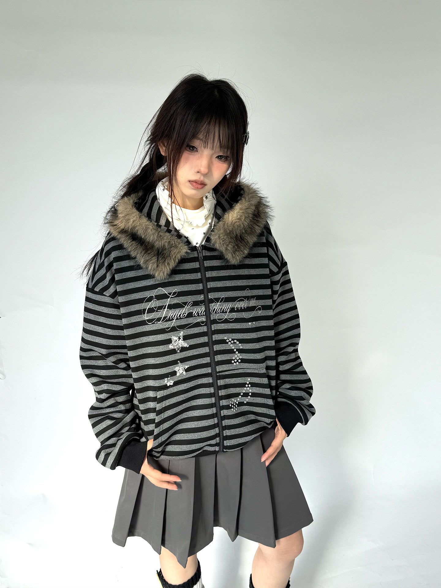 Detachable Fur Collar Fleece Lining Hooded Jacket NA9248