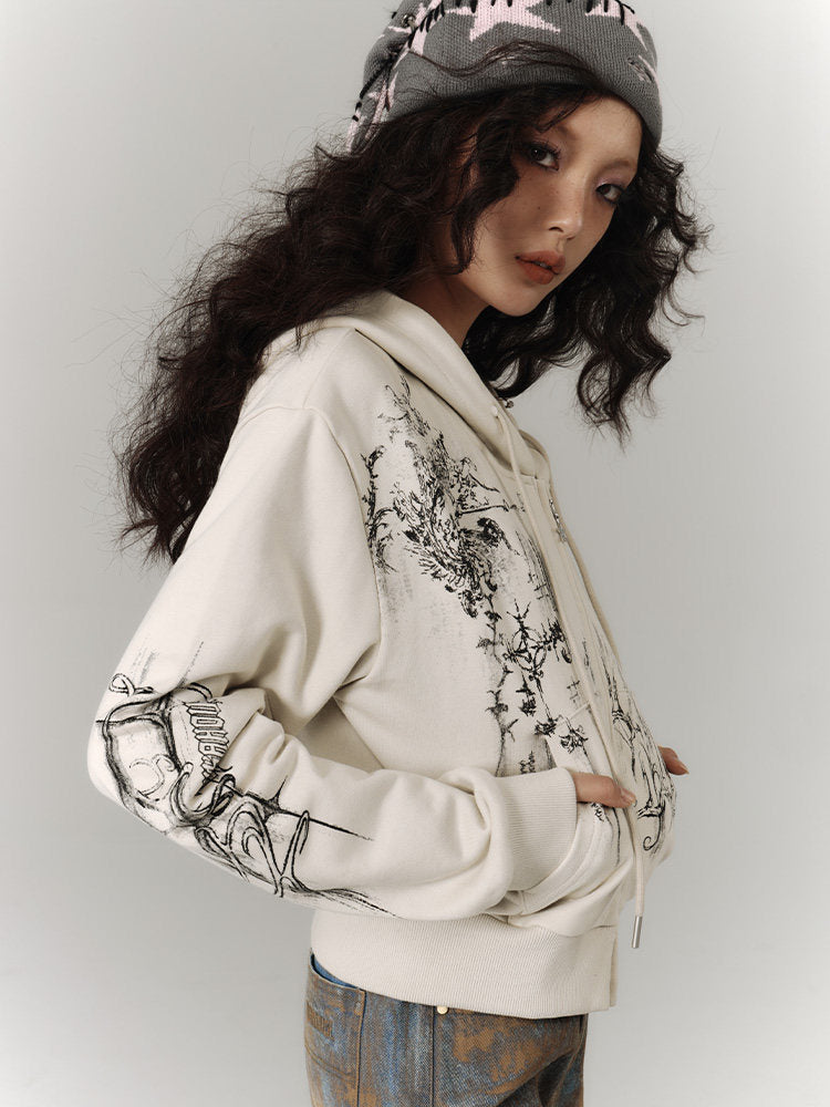 Cropped Graphic Print Zipper Hoodie NA8895