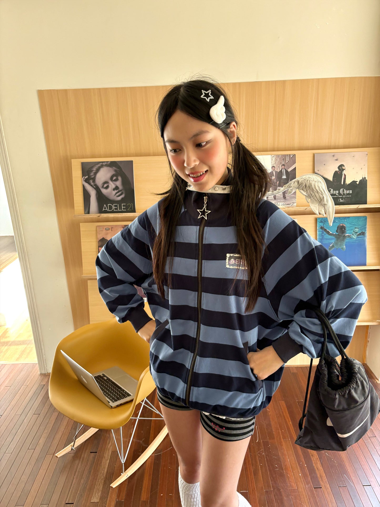 Striped Oversize Stand Collar Zipper Jacket NA9269
