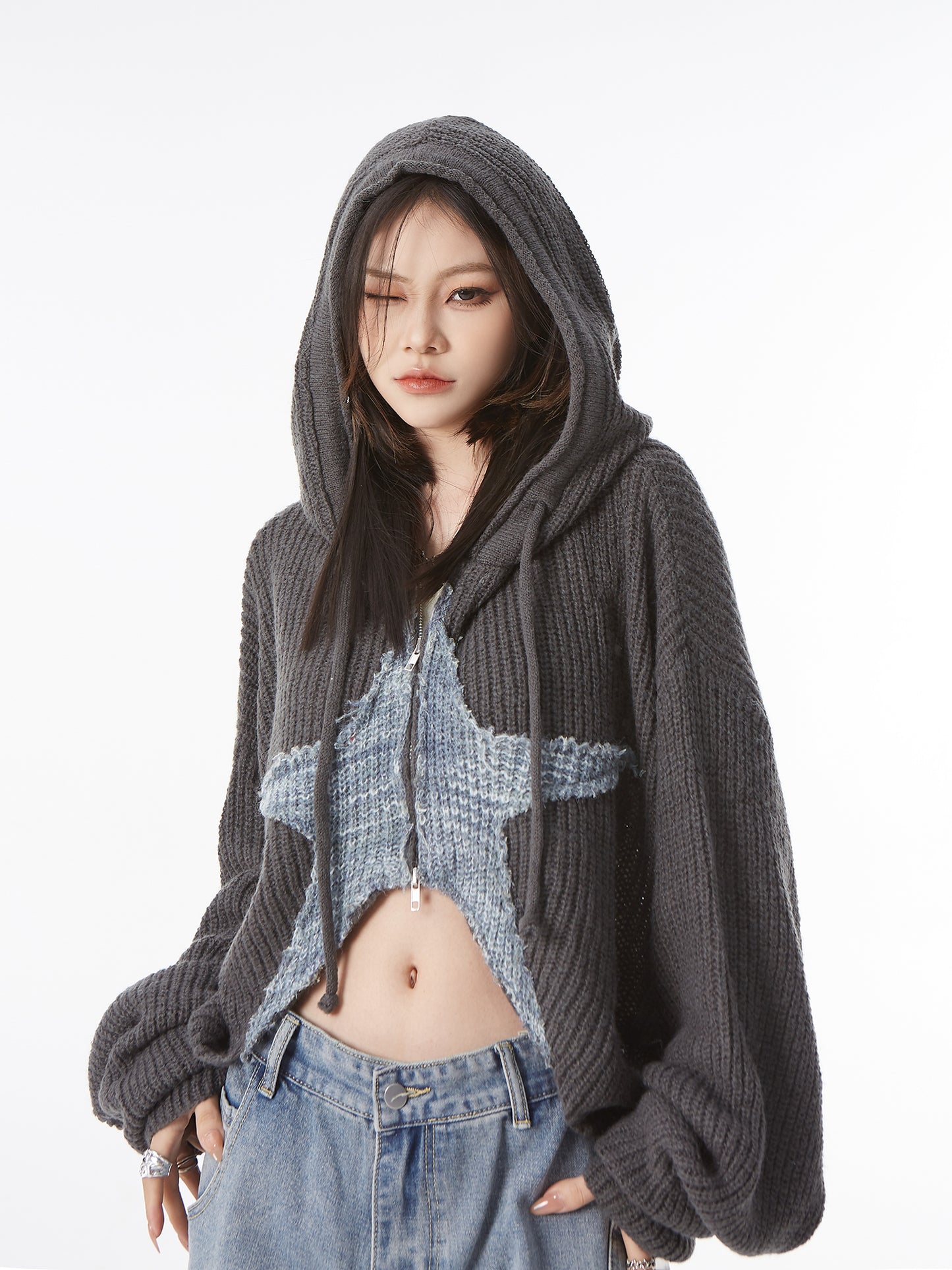 Zipper Hooded Short Knit Cardigan NA2871