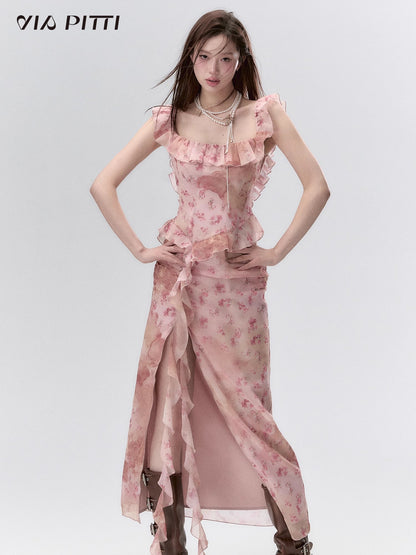 Flower Print Ruffle Long Dress With Slit NA4955