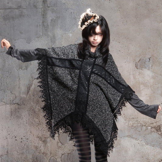 Punk Cross Cape Asymmetric Fringe Knit Sweater NA8355