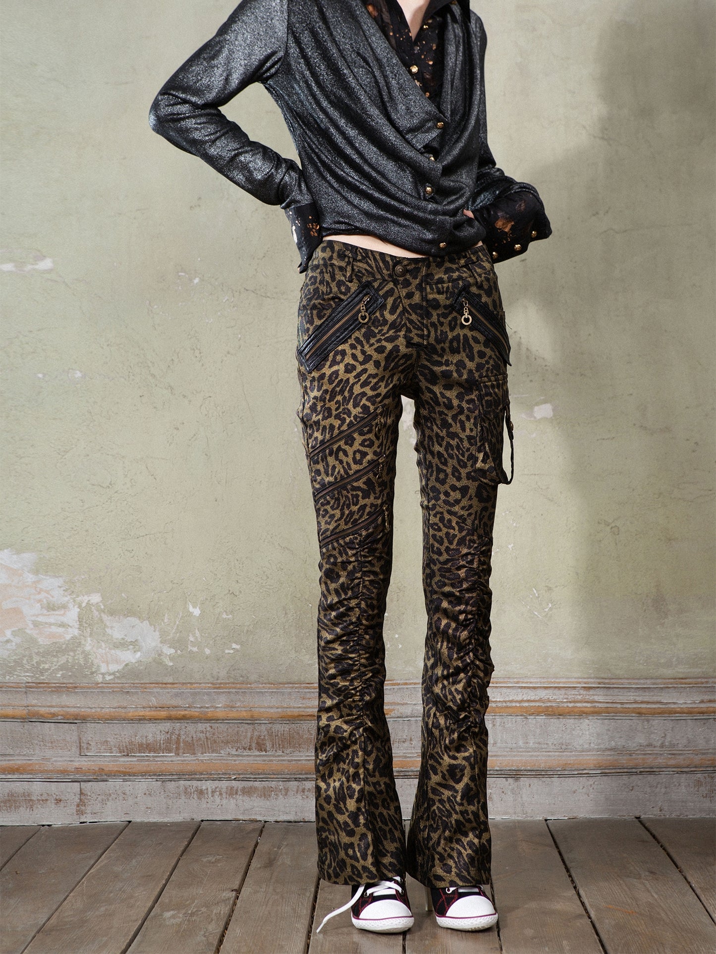 Leopard Print Low-Waist Patchwork Micro Flare Pants NA6184