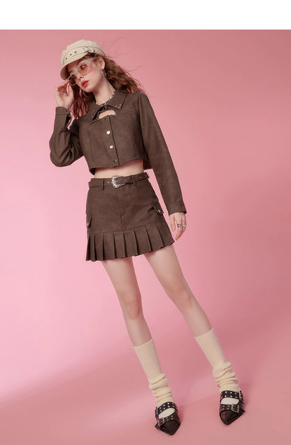 PU Leather Short Jacket & Short Pleats Skirt Setup NA6767