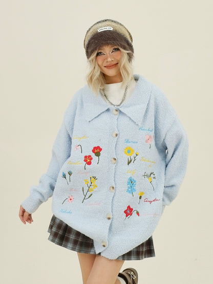 Floral Embroidery Oversize Polo Knit Cardigan NA6328