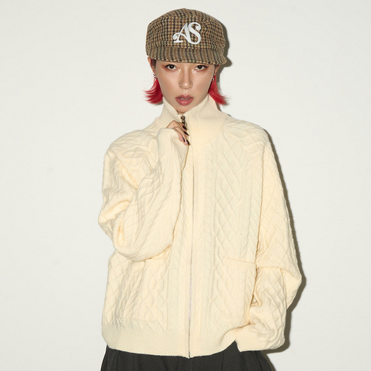 Cable Knit Stand Neck Zipper Knit Cardigan NA9140