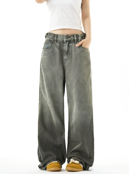 Washed Gradient Design Wide-Leg Straight Denim Jeans NA3055