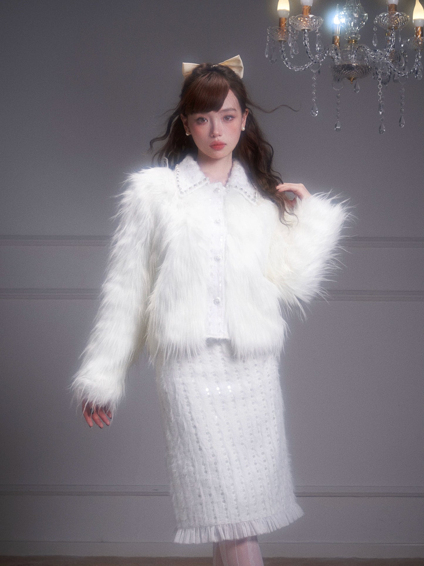 Eco Fur Warm Jacket & Short Skirt & Long Skirt Setup NA5815