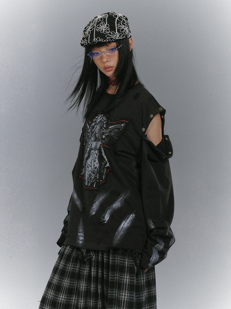 Washed Damage Patch Embroidery Print Long Sleeve T-Shirt NA8889