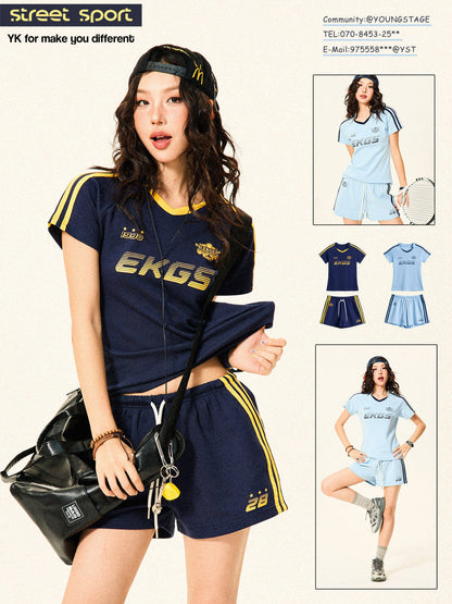 Stripe Letter Print Short Sleeve T-Shirt & Short Pants Setup NA9319