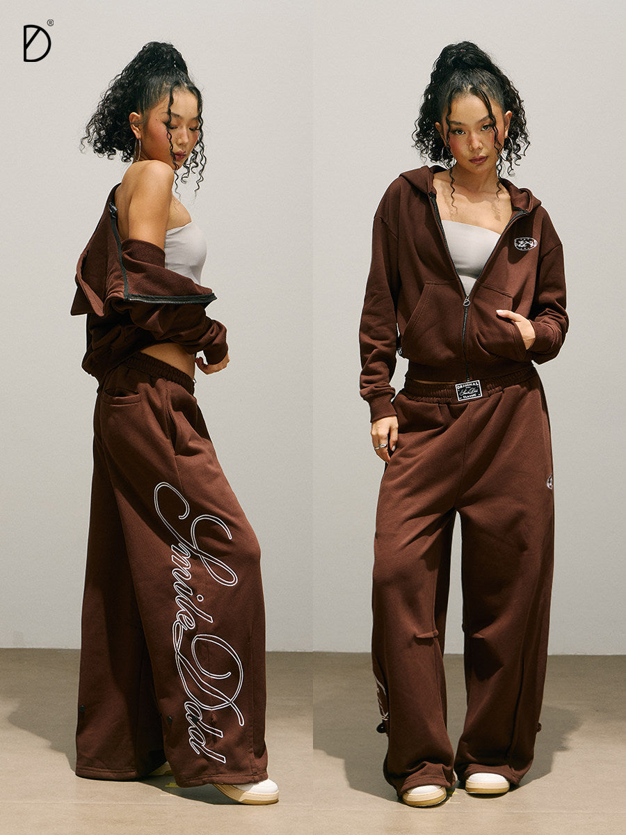 Logo Print Zip Hoodie & Logo Print Wide Leg Sweatpants Setup NA8951