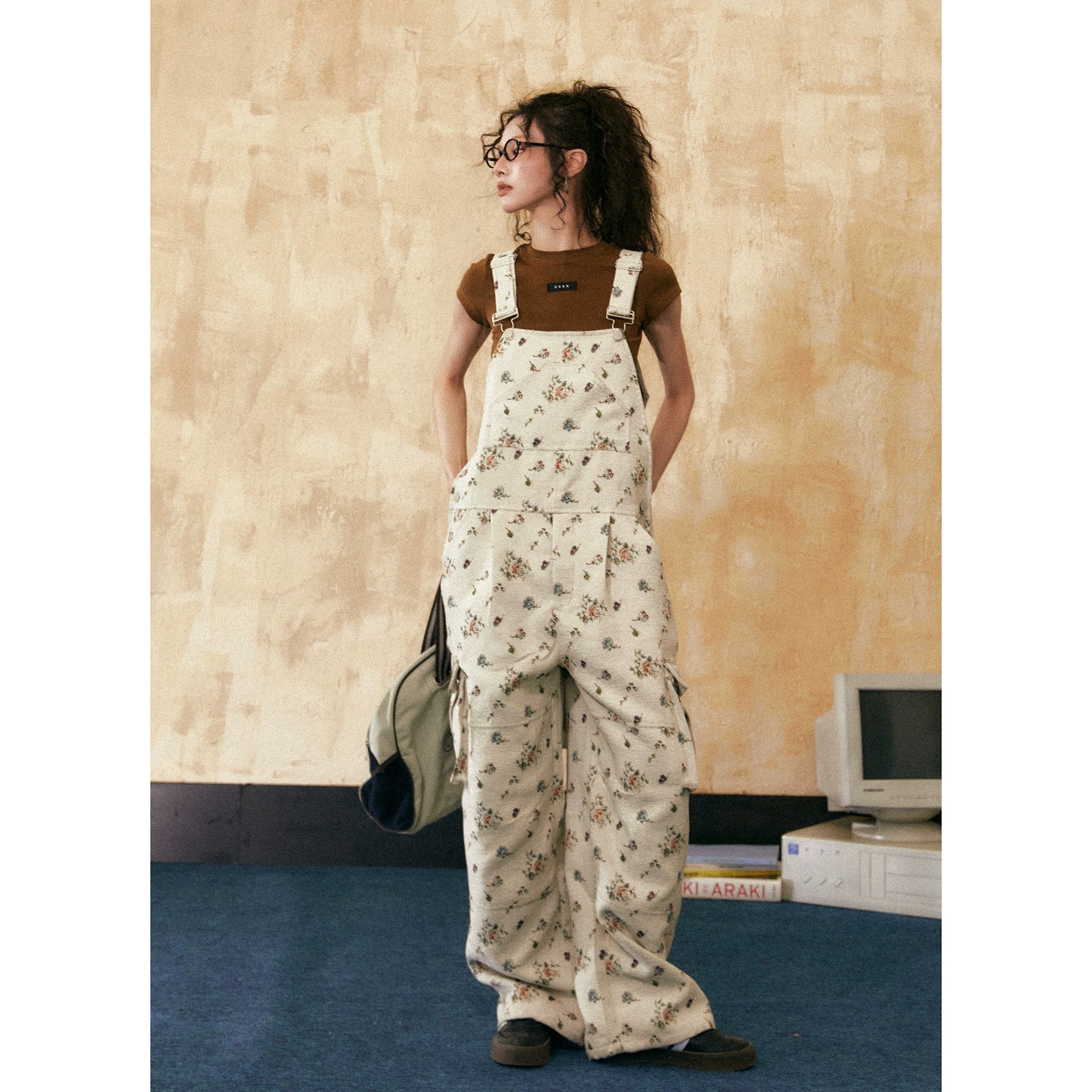 Flower Print Wide-Leg Overalls Long Pants NA2544