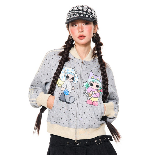 Star Print Stand Neck Zip-Up Jacket NA9411
