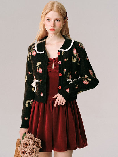 Round Collar Rose Jacquard Knit Cardigan NA5917