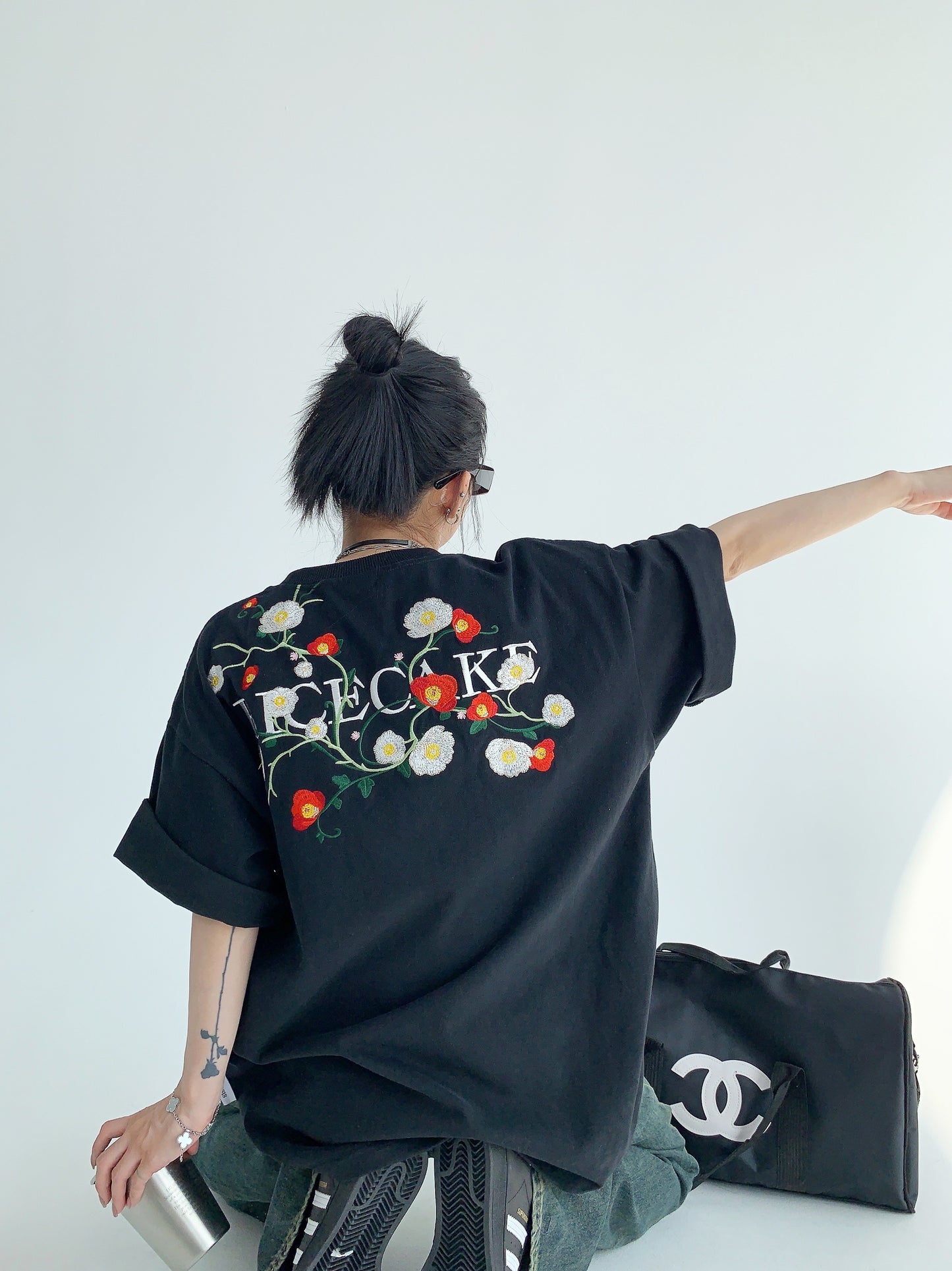 Oversize Flower Embroidery Short Sleeve T-Shirt NA2866