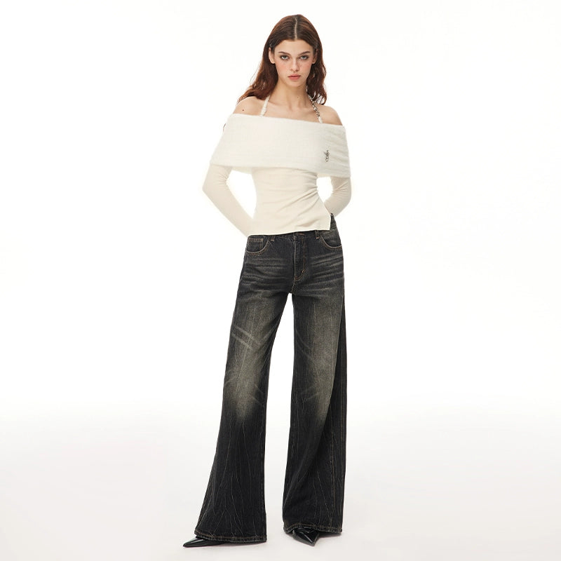 Off Shoulder Furry Design Stretch Knit Top TNA4114