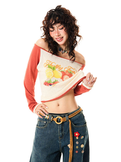 Fruit Graphic Print Off-Shoulder Fitted Long Sleeve T-Shirt NA9382