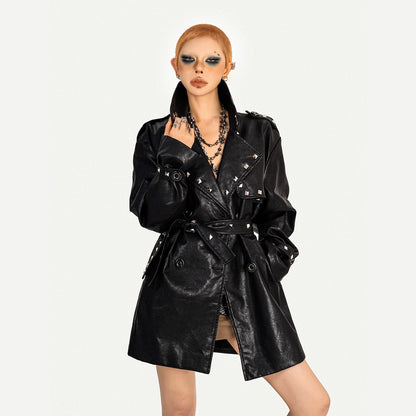 Stud Decor PU Leather Mid-Length Coat NA8637