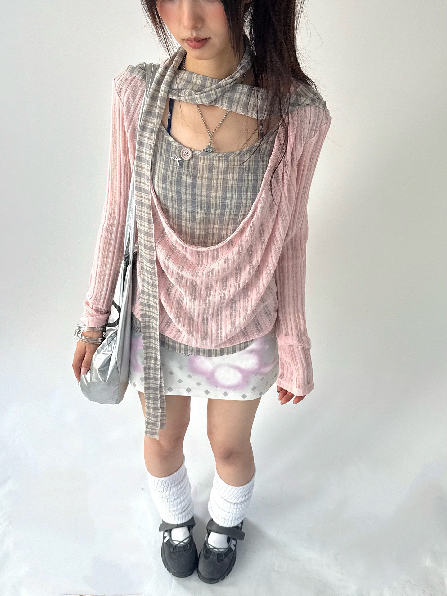 Plaid Ripped Fake Layered Long Sleeve T-Shirt NA9253