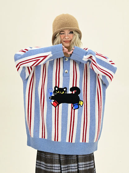 Stripe Oversize Polo Knit Sweater NA6419