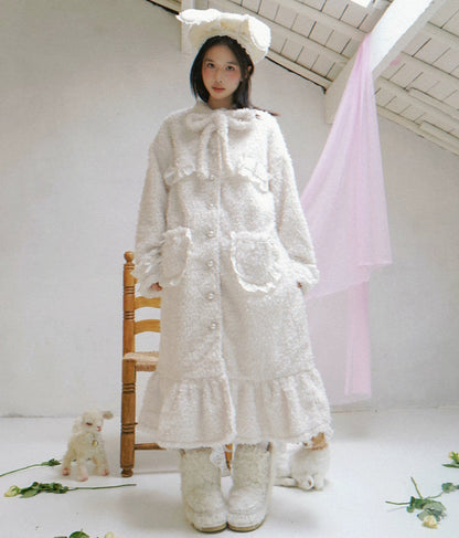 Plush Bow Ruffle Long Coat NA8279