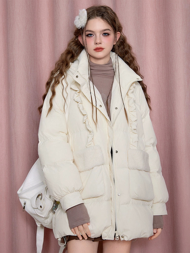 Ruffle-Trimmed White Duck Down Jacket NA6948