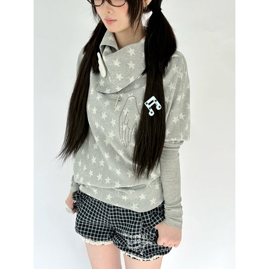Star Print Asymmetrical High-Neck Long Sleeve T-Shirt NA9267