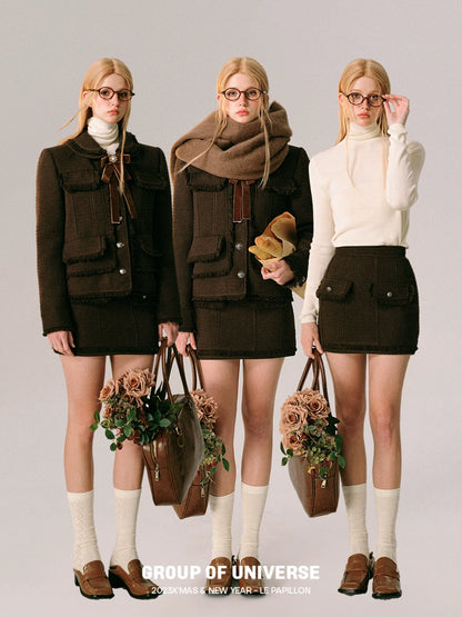 Bow Design Wool Blend Jacket & Short Skirt Setup NA5916