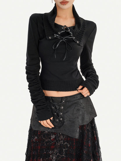 Lace Patchwork Tie Long Knit Long Sleeve T-Shirt NA8591