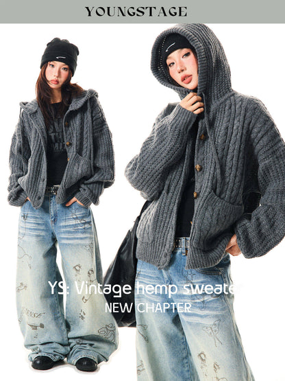 Hooded Button Oversize Cable Knit Cardigan NA9354