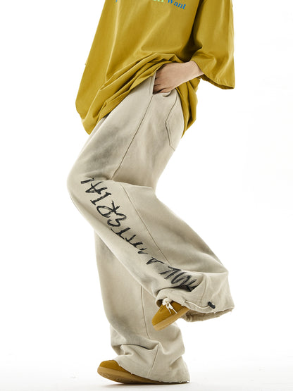 Washed Letter Print Wide Leg Sweatpants NA3074