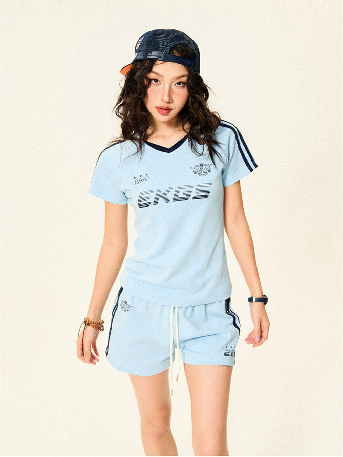 Stripe Letter Print Short Sleeve T-Shirt & Short Pants Setup NA9319