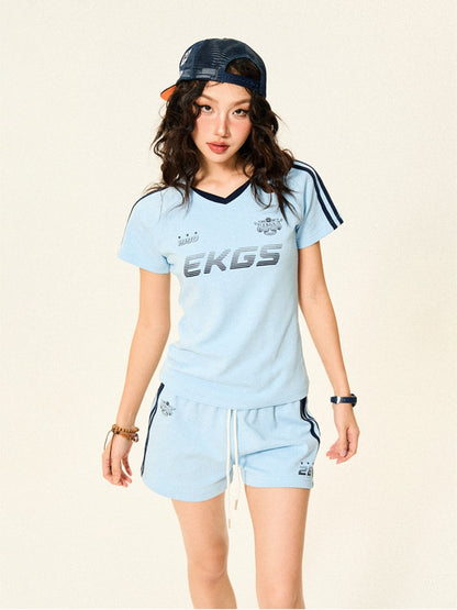 Stripe Letter Print Short Sleeve T-Shirt & Short Pants Setup NA9319