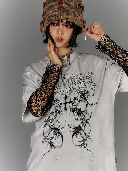 Washed Damage Oversize Short Sleeve T-Shirt & Spiderweb Mesh Long Sleeve Shirt NA8926