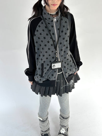 Star Print Double Zipper High-Neck Oversize Cardigan NA9277