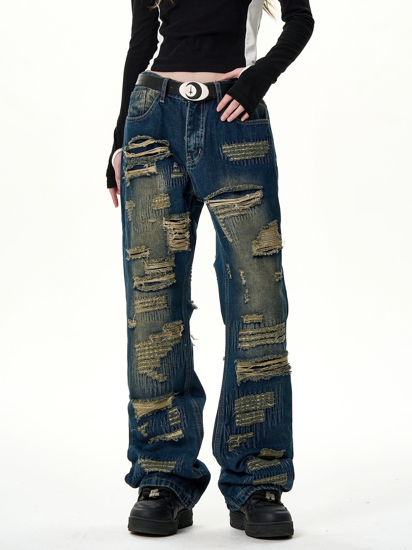 Damaged Straight Denim Jeans NA2989