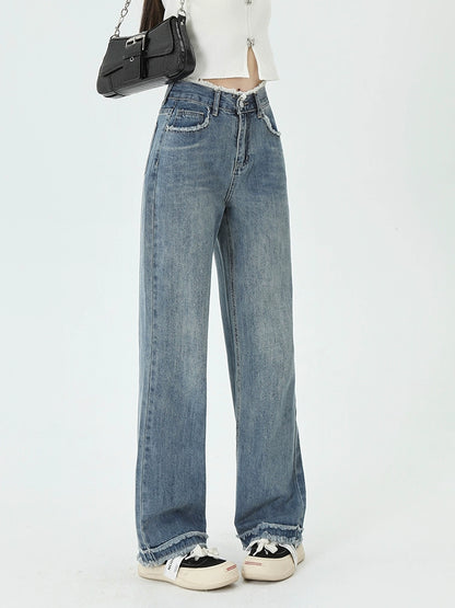 Washed Fringe Wide-Leg Straight Jeans NA3251