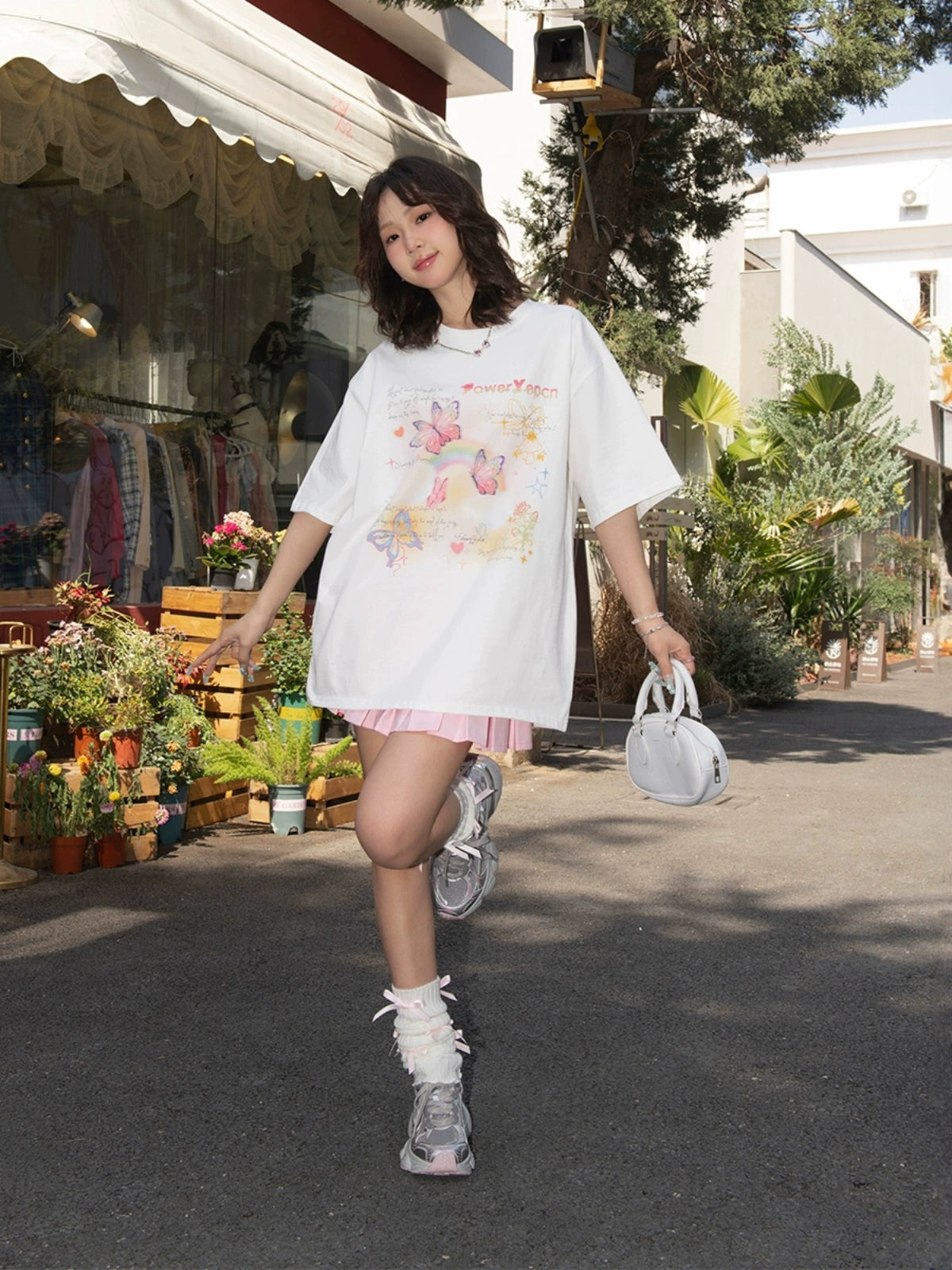 Butterfly Print Pure Cotton Oversized Short Sleeve T-Shirt NA2699